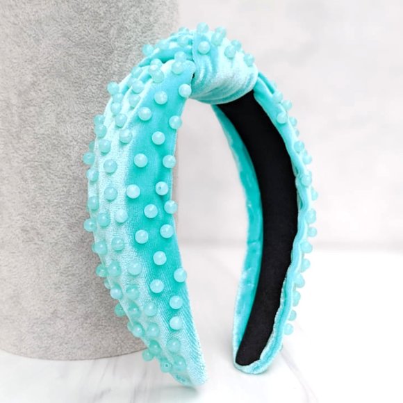 Tiffany Blue Beaded Knot Velvet Headband Aqua Amazonite Acrylic Beads Handmade main image 7